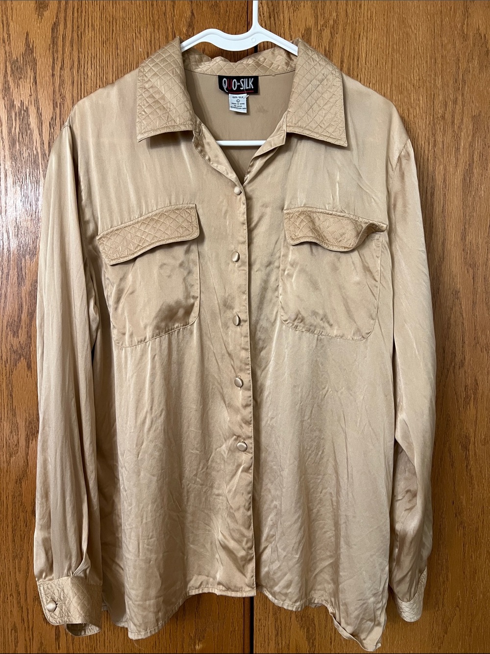 O-Silk Beige Satin Button-Front Blouse